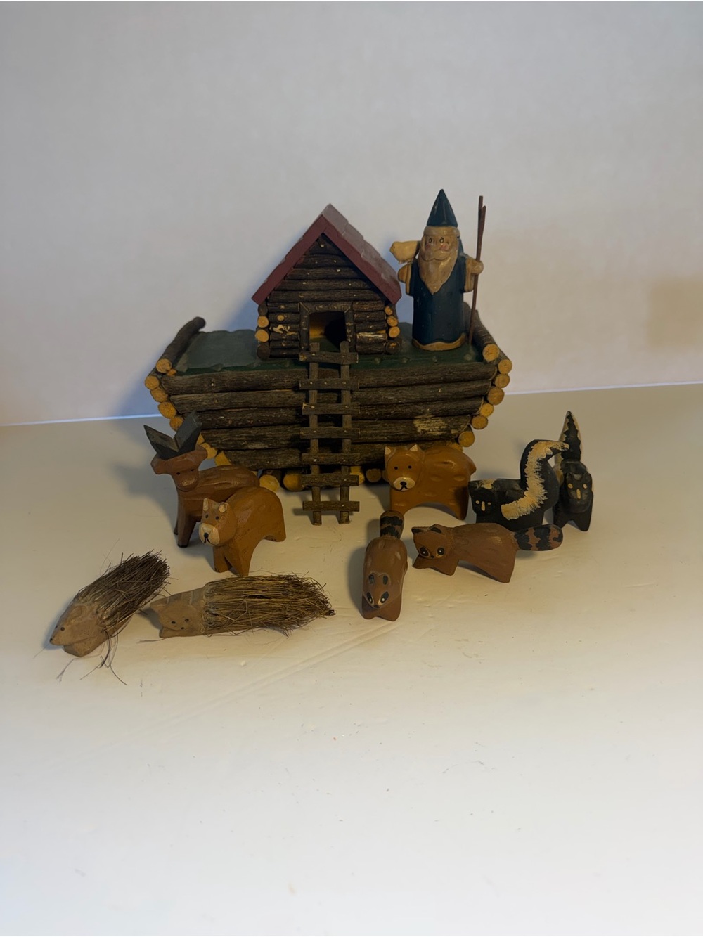 Vintage Noah's Ark With Noah  & 9 Animals Primitive Folk Art